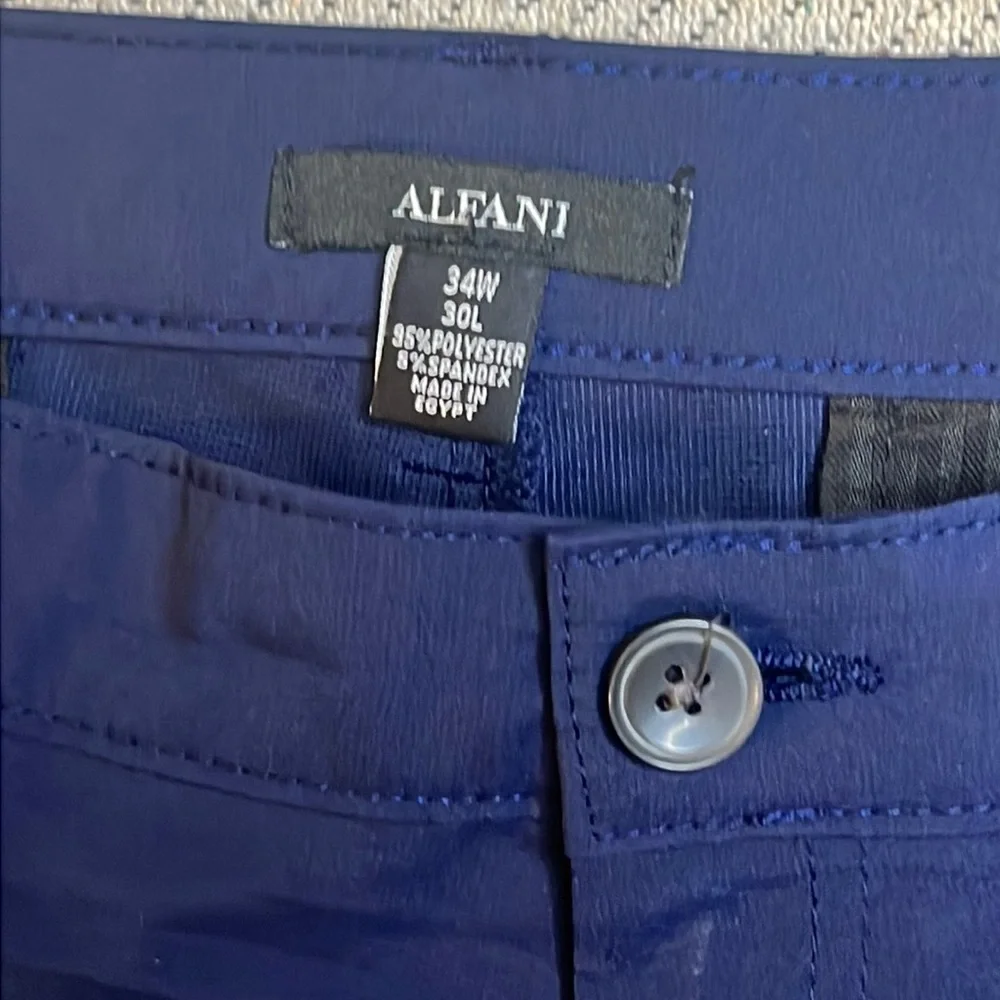 👤 Alfani blue hybrid flat front reflective back pockets pants, 34x30